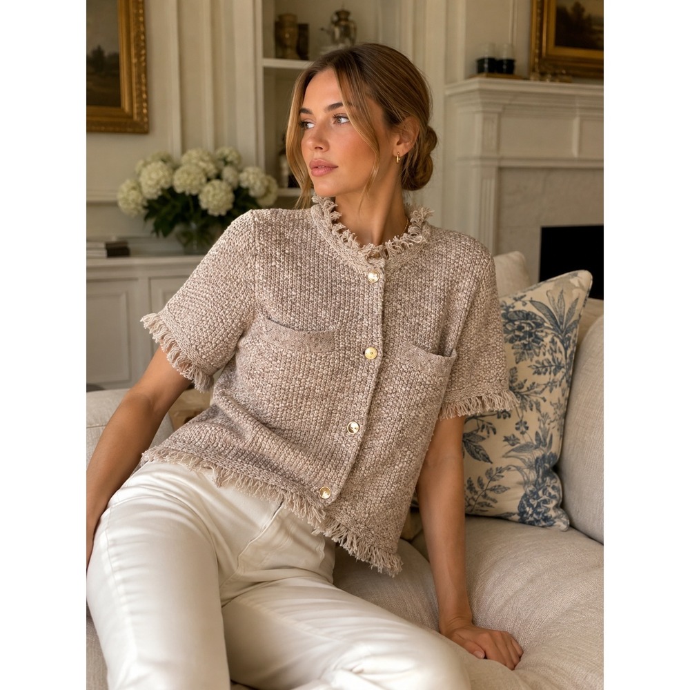 J.Crew Womens Marled Fringe Trim Short Sleeve Cardigan Sweater Beige Size M